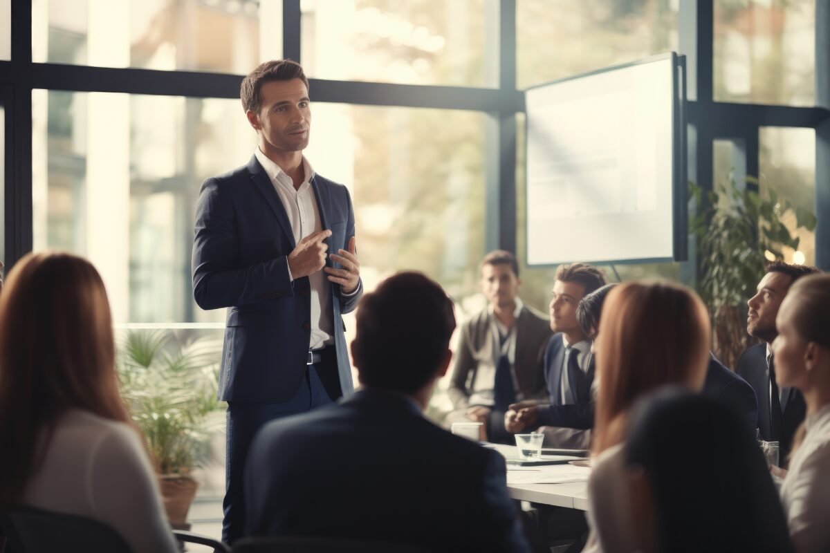 business man team leader boss speaking at company team meeting free photo