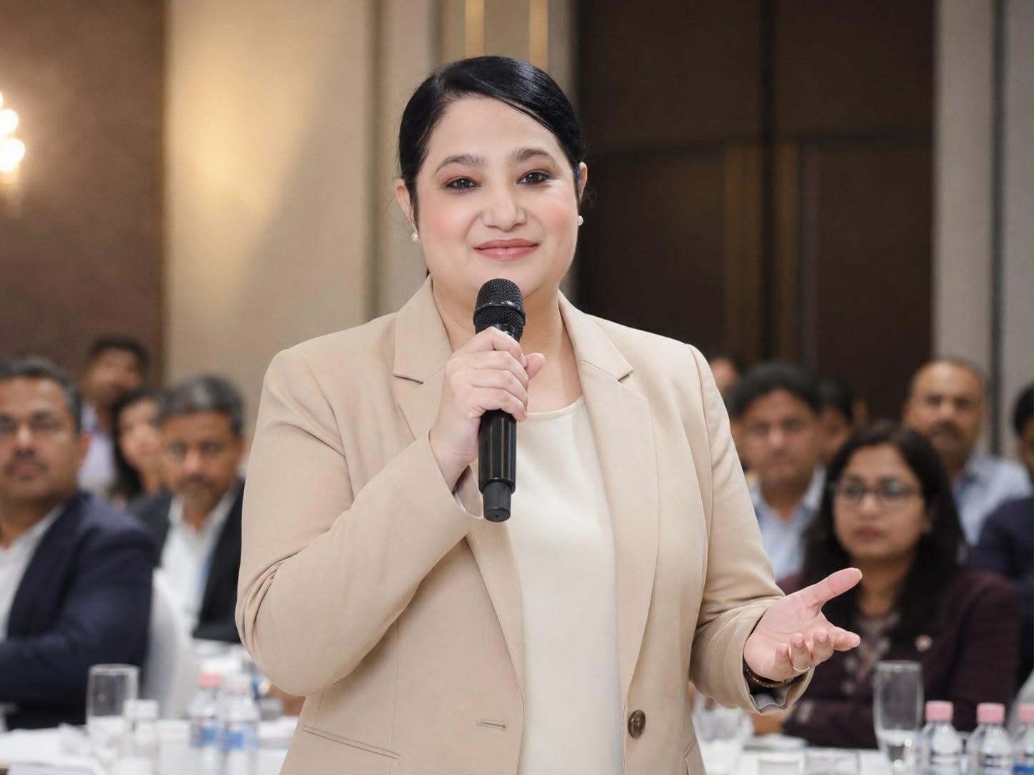 Gurleen Kaur speaking to a room of senior professionals at a leadership event